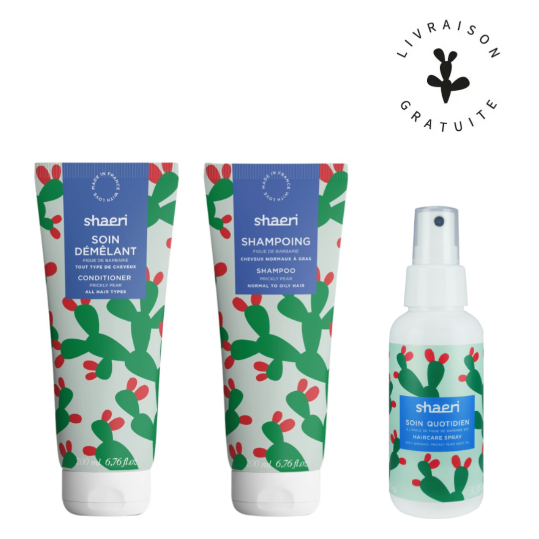 Produits de la routine Light Cactus de Shaeri : Shampoing, Soin Démêlant, et Soin Quotidien hydratant, adaptés pour cheveux normaux à gras. Livraison gratuite incluse.