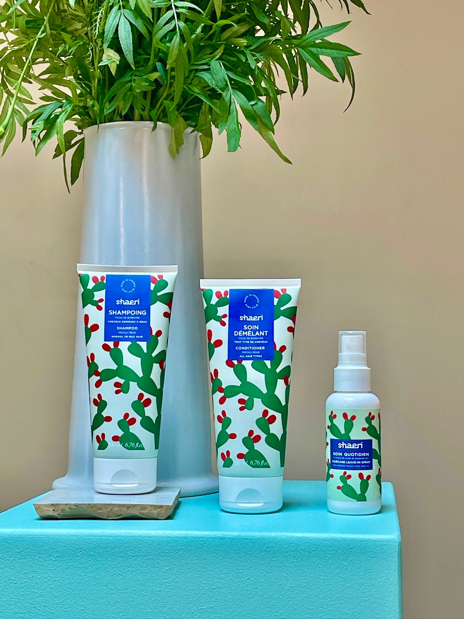 Gamme Shaeri Light Cactus comprenant le shampoing, le soin démêlant, et le soin quotidien hydratant, parfaite pour purifier, hydrater et nourrir les cheveux normaux à gras.